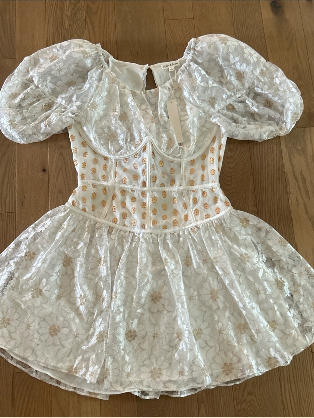 NWT $295 FOR LOVE & LEMONS  size L Lupita Mini Corset Dress Floral Lace Gold
